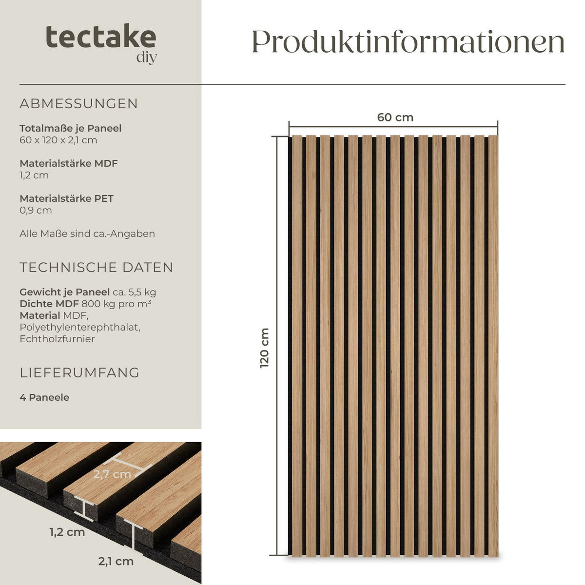 AKUSTIKPANEELE 4er Set Sonic Wall,je 60 x 120 x 2,1 cm, Größe flexibel anpassbar,Eiche hell - Eichefarben, Holz (60/120/120cm) - tectake