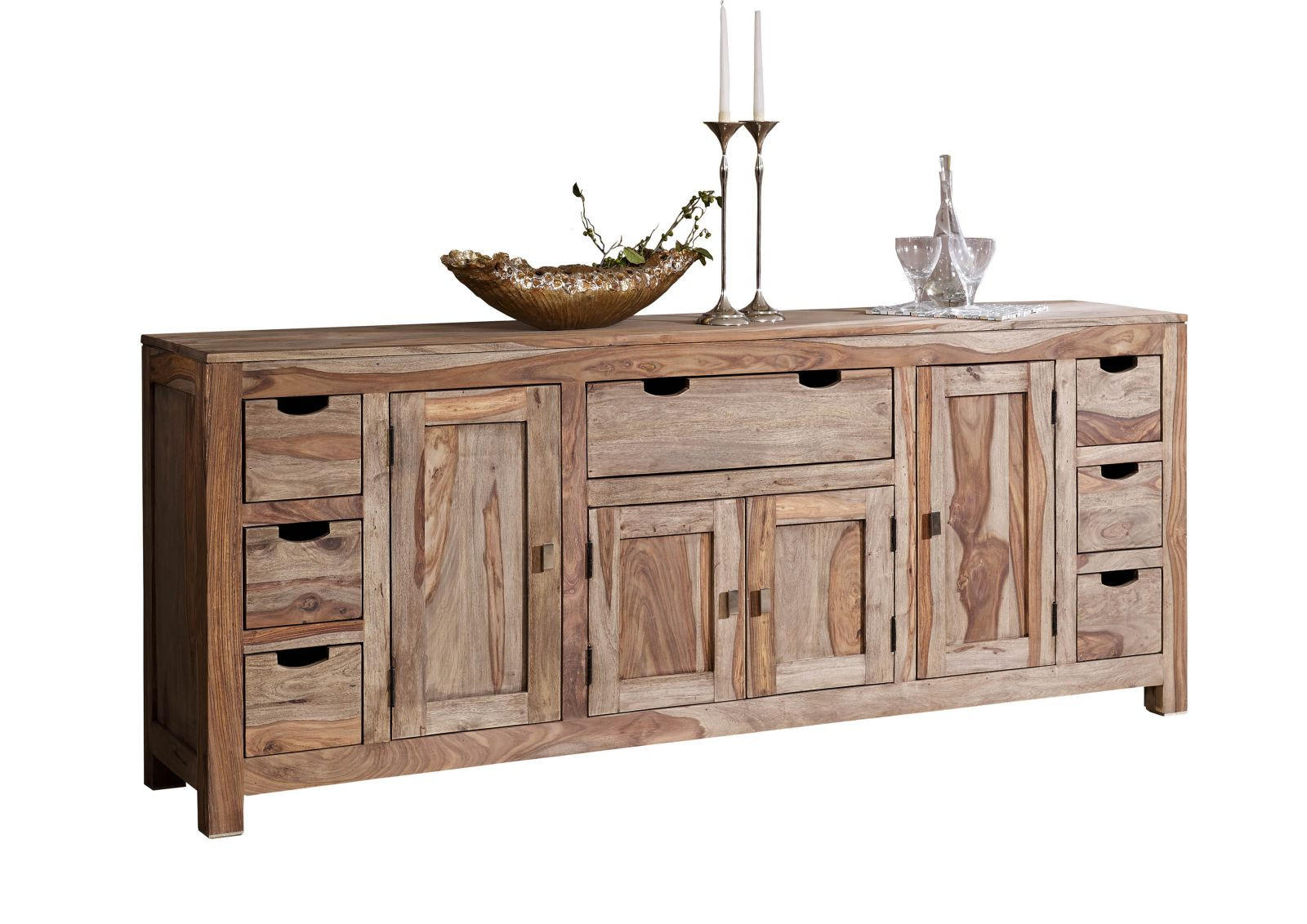 SIDEBOARD Sheesham 210x42x85 grau geölt NATURE GREY #080 - Grau, Holz (210/85/42cm) - Massivmoebel24