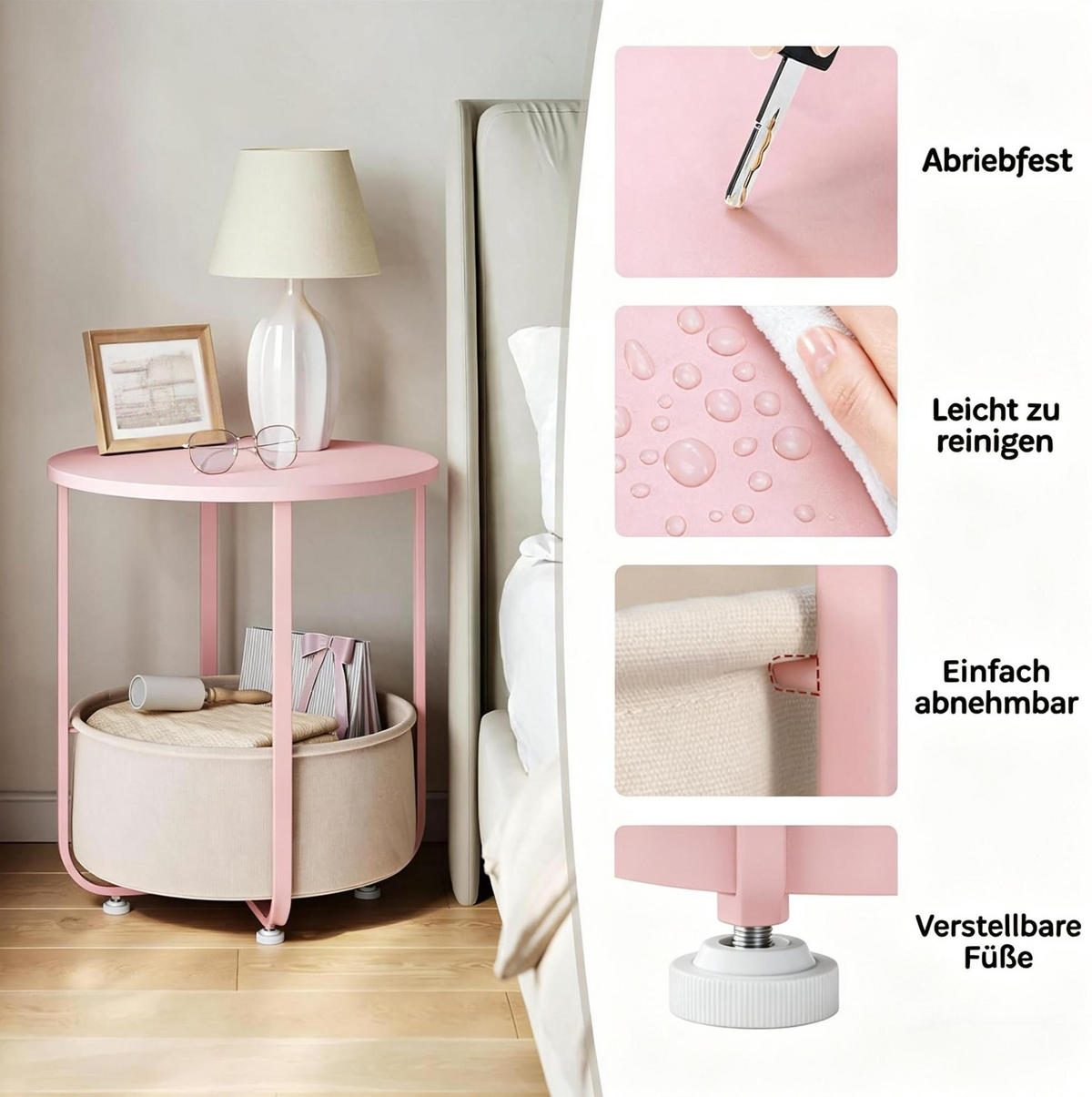 BEISTELLTISCH 45/45/50 cm mit Stoffkorb, Metallgestell und verstellbaren Füßen, Pink - Pink, Holzwerkstoff (45/45/50cm) - Redom