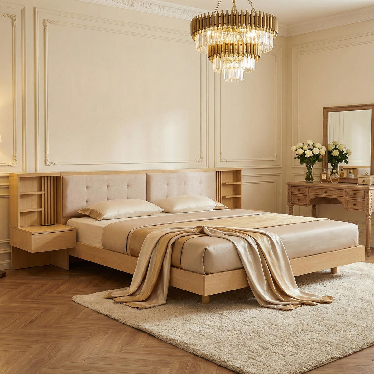 BETT 180/200 cm in Natur mit Stauraum, USB und Steckdose - Naturfarben, Holz/Holzwerkstoff (180/200cm) - WISHDOR