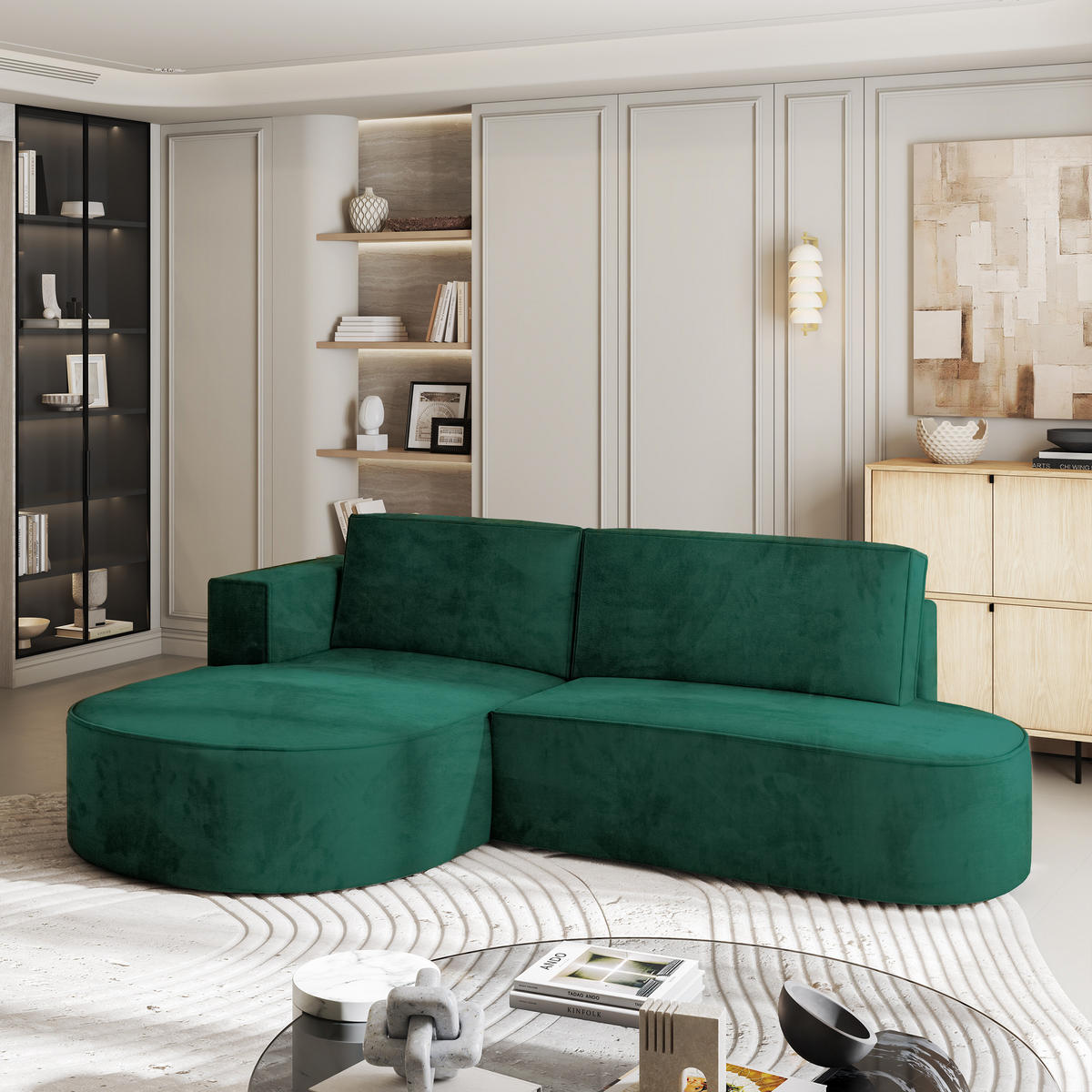 ECKSOFA CORTIO M L-S Grün Velours-Stoff mit Schlaffunktion - Grün, Holz (265/174cm) - MASSENO