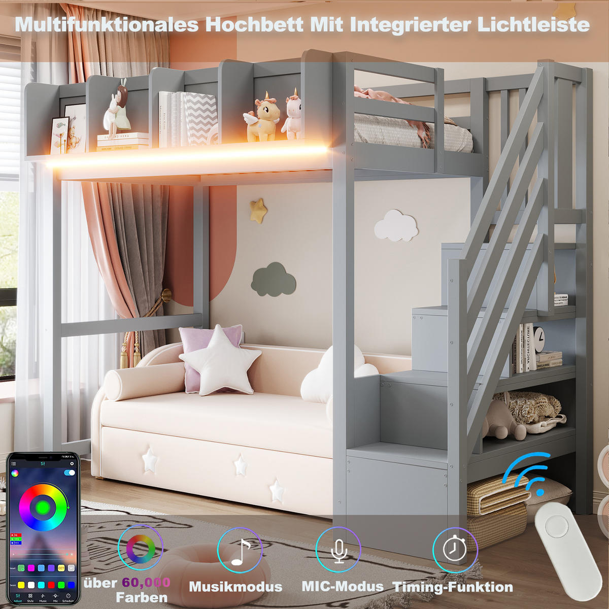 HOCHBETT 90/200 cm in Grau mit Sicherheitsgitter, Ablage, LED und Leiter aus Holz - Grau, Holzwerkstoff (90/200cm) - STILVORA