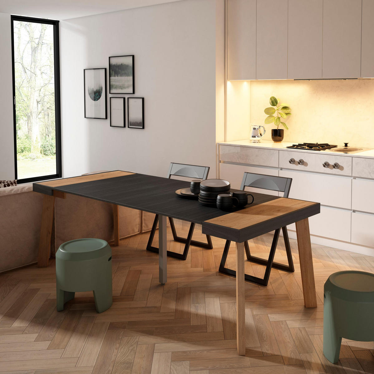 KONSOLENTISCH ausziehbar 58 bis 222cm, für 10 Gäste, eiche, schwarz, 90/58/73cm - Eichefarben/Schwarz, Holzwerkstoff (90/222/73cm) - Skraut Home