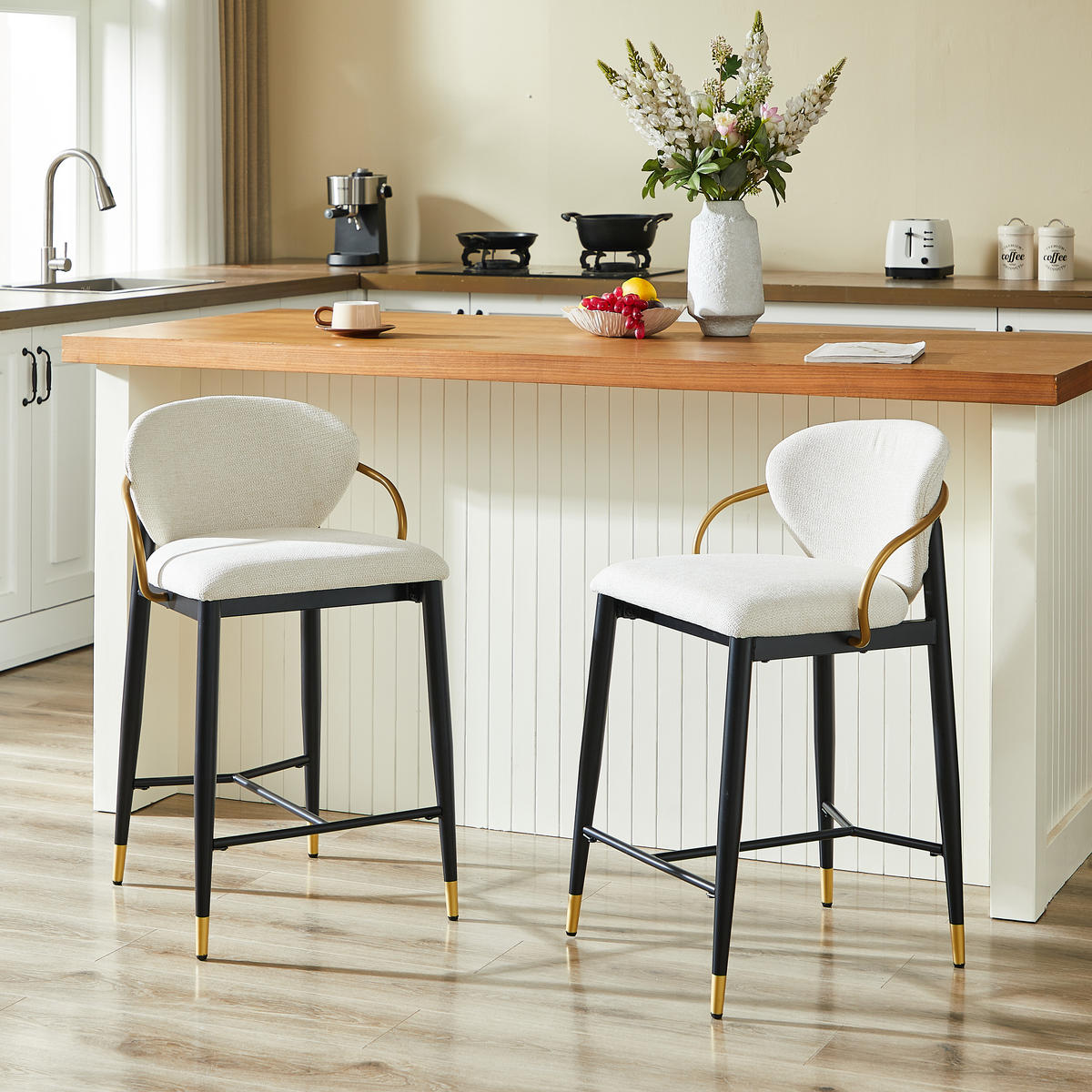 BARHOCKER 2er-Set Beige Höhenverstellbar mit Chenille-Stoff und Rückenlehne - Goldfarben, Textil (52/87/57cm) - PANGIVO