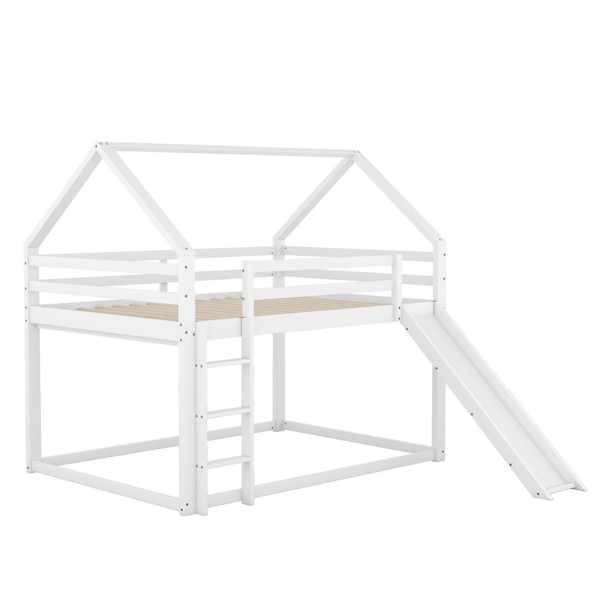 NADSTROPNA postelja 140/200 cm bela s toboganom in lestvijo iz bora in MDF v obliki hiše - bela, les (140/200cm) - OKWISH