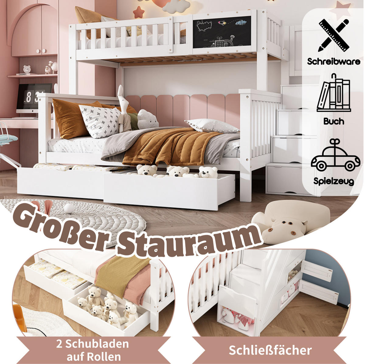ETAGENBETT 90/200 + 140/200 cm in Weiß mit Treppe, Tafel und Stauraum - Weiß, Holz (90/200cm) - Flora Grace