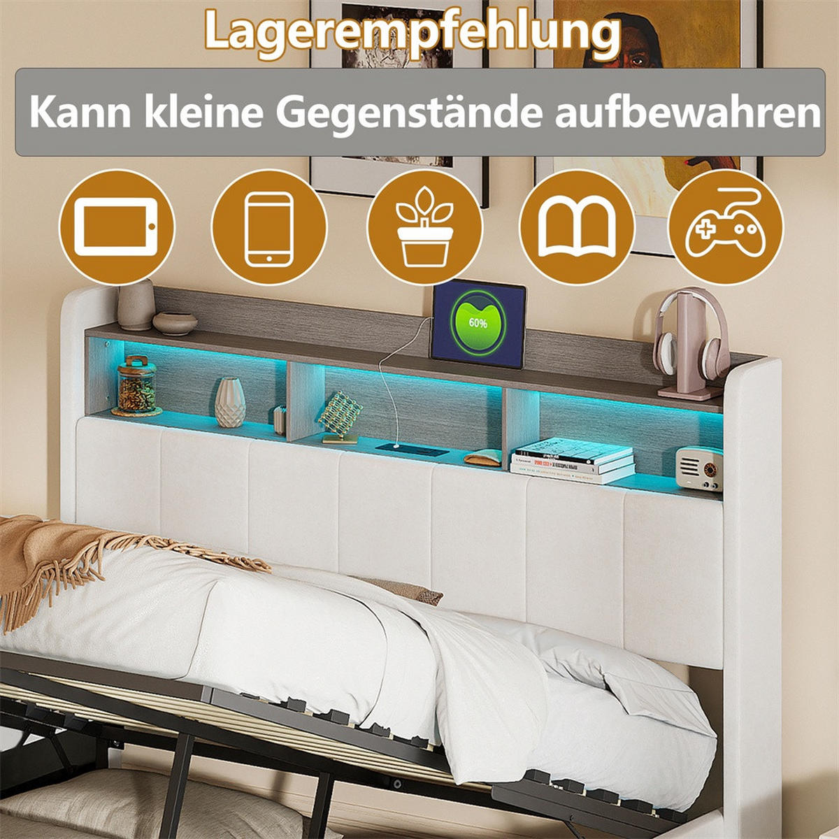 POLSTERBETT 160x200cm - Doppelbett mit RGB-LED-Beleuchtung am Kopfteil und Unterboden Stauraum-Kopfteil - Beige - Beige, Textil (160/200cm) - DELFA