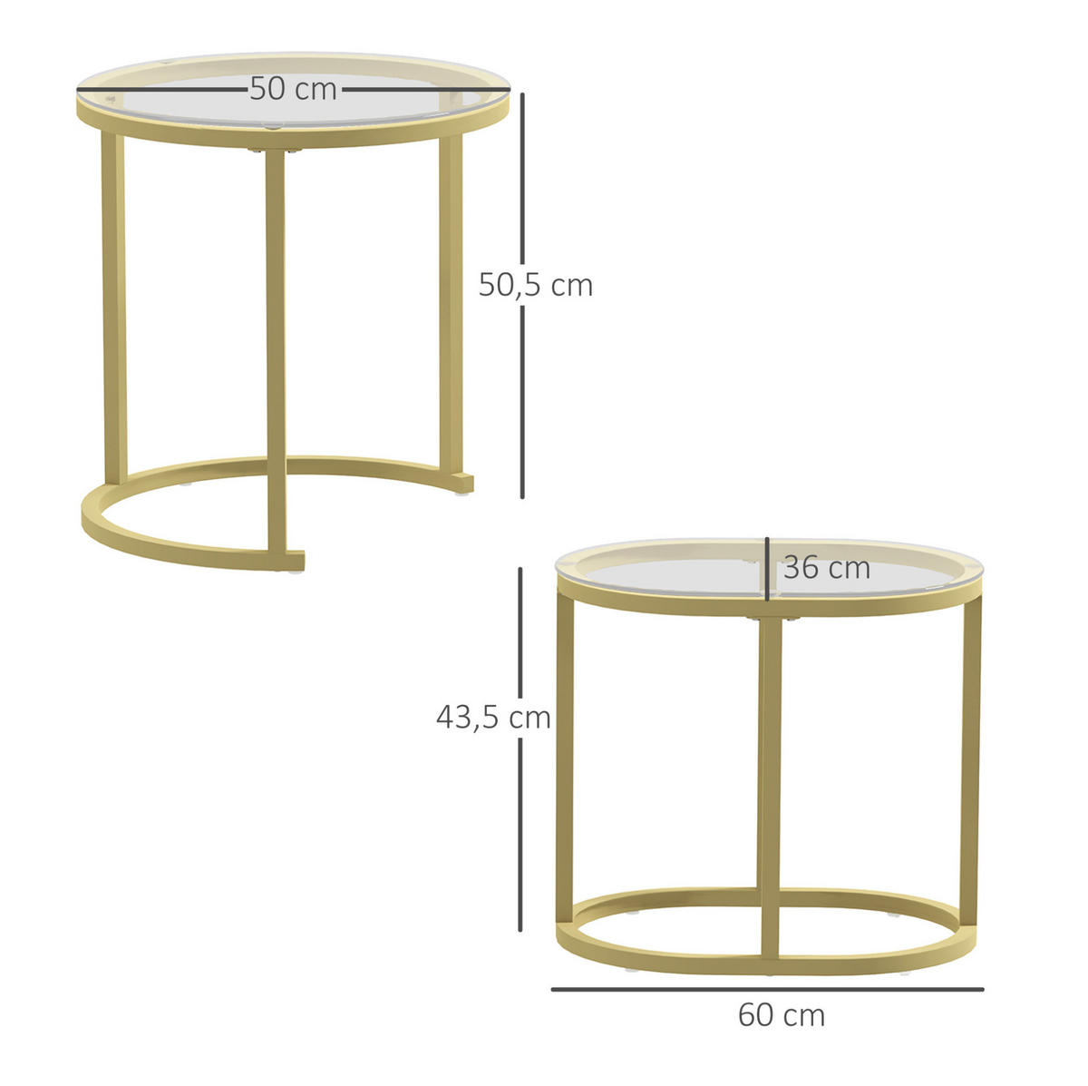 COUCHTISCH-SET 50/50/50,5 cm und 60/36/43,5 cm stapelbar mit Hartglasplatte und Stahlrahmen, Gold - Goldfarben, Metall (50/50/50.5cm) - Redom