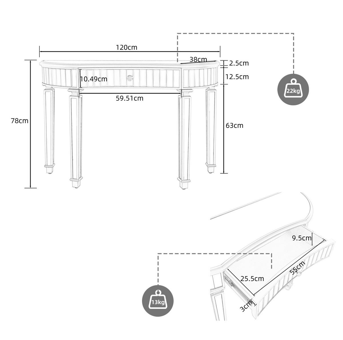 KONSOLENTISCH 120/38/78 cm grau silber aus Glas MDF mit Schublade - Silberfarben, Holzwerkstoff (120/38/78cm) - OKWISH