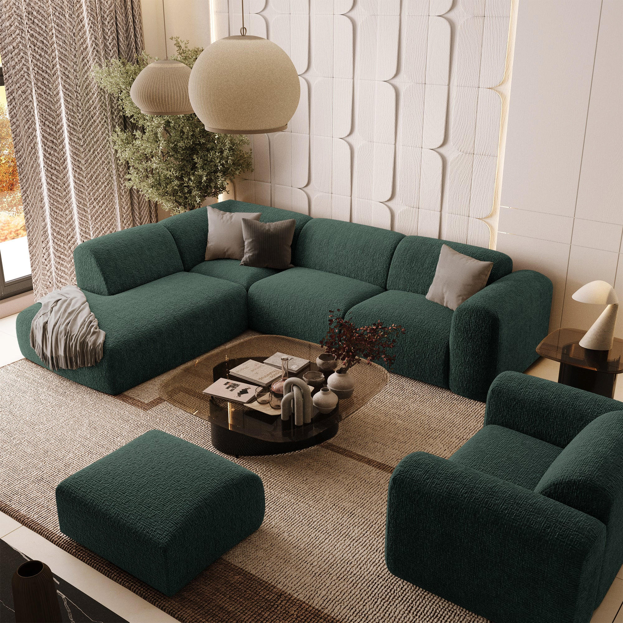 ECKSOFA LINKS Gemusterter Samt Smaragdgrün 269cm - Smaragdgrün, Textil (221/269cm) - Sia Home