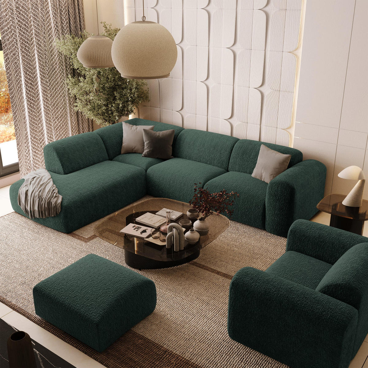 ECKSOFA LINKS Gemusterter Samt Smaragdgrün 269cm - Smaragdgrün, Textil (221/269cm) - Sia Home
