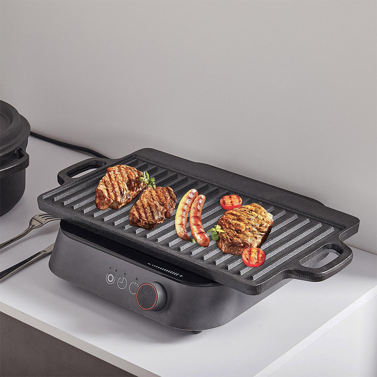 GRILLPFANNE Wendbare aus Gusseisen in Schwarz mit Antihaftbeschichtung 45 x 22 x 2 cm 3,2 kg - Schwarz, Metall (22/45/2cm) - Livingandhome