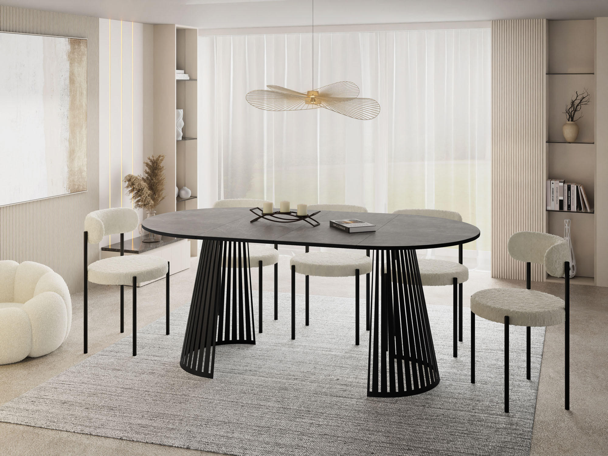 ESSTISCH Naro rund ausziehbar mit Schwarzem Lamellen-Metallgestell, Grauer Beton 120-200/120/76 cm - Hellgrau/Schwarz, Holzwerkstoff/Metall (120/120/76cm) - WFL GROUP