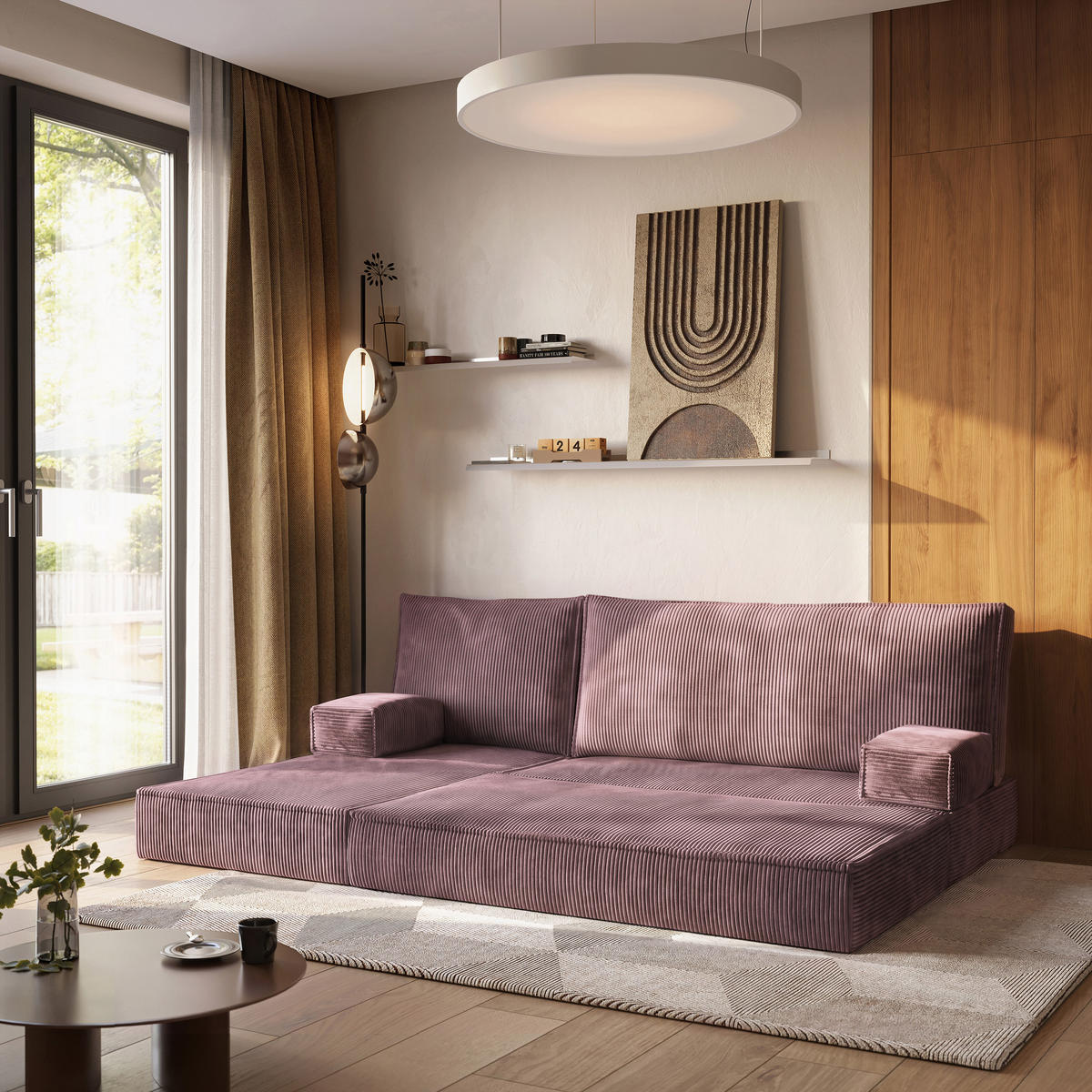 ROHOVÁ SEDAČKA NOTIA modulární Boneless pohovka s funkcí spaní, šeříková POSO 130 - fialová, textil (200/120cm) - MASSENO