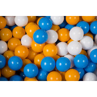BÄLLE für Bällebad, Spielbälle, Plastikbälle für Kinder Set 50 pcs.: Weiß/Senf/Blau - Honig, Textil (7/7/7cm) - MeowBaby