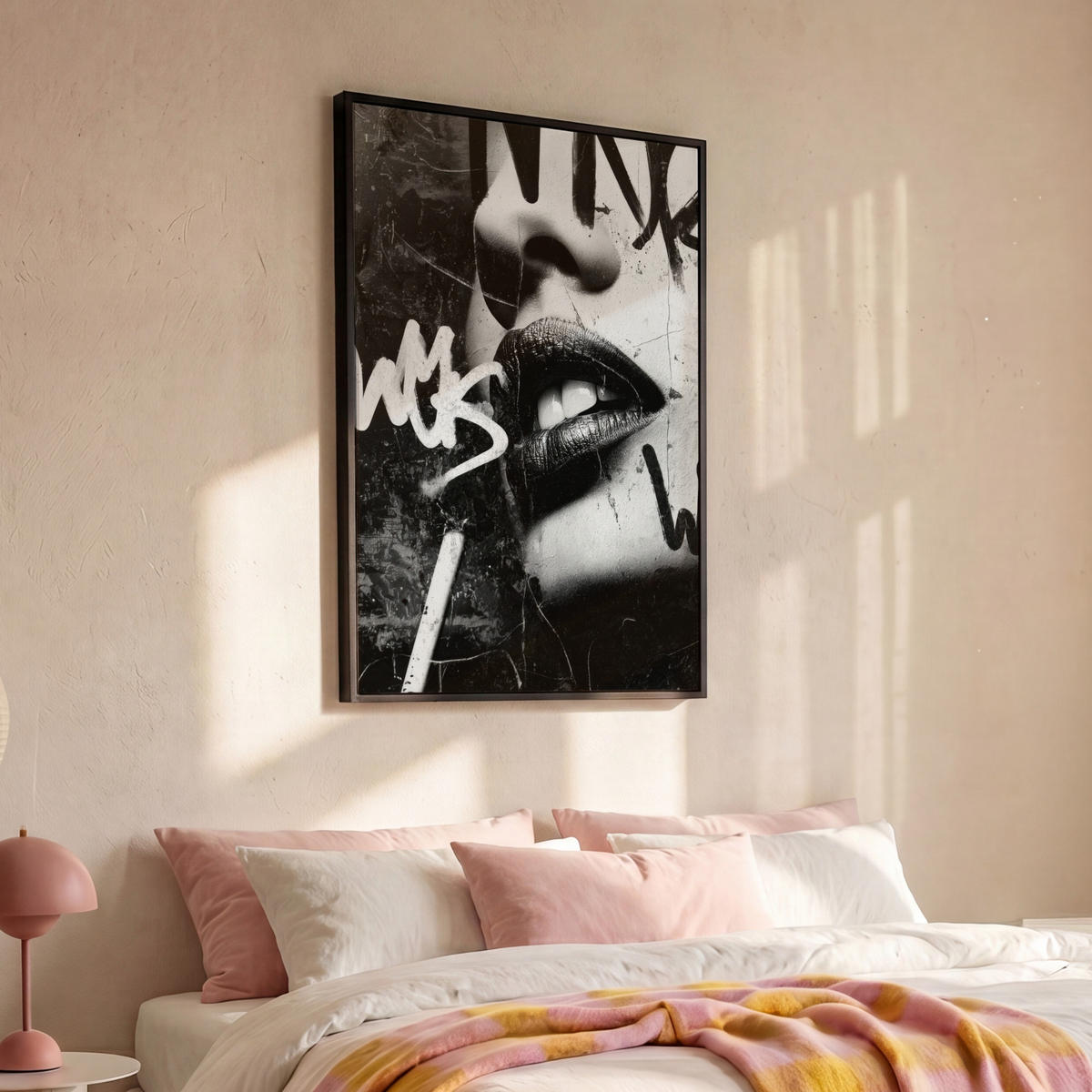 LEINWAND Bilder mit Rahmen - Gesicht - Mund - Graffiti - Schwarz - 80x120 - Schwarz, Textil (80/120cm) - MuchoWow