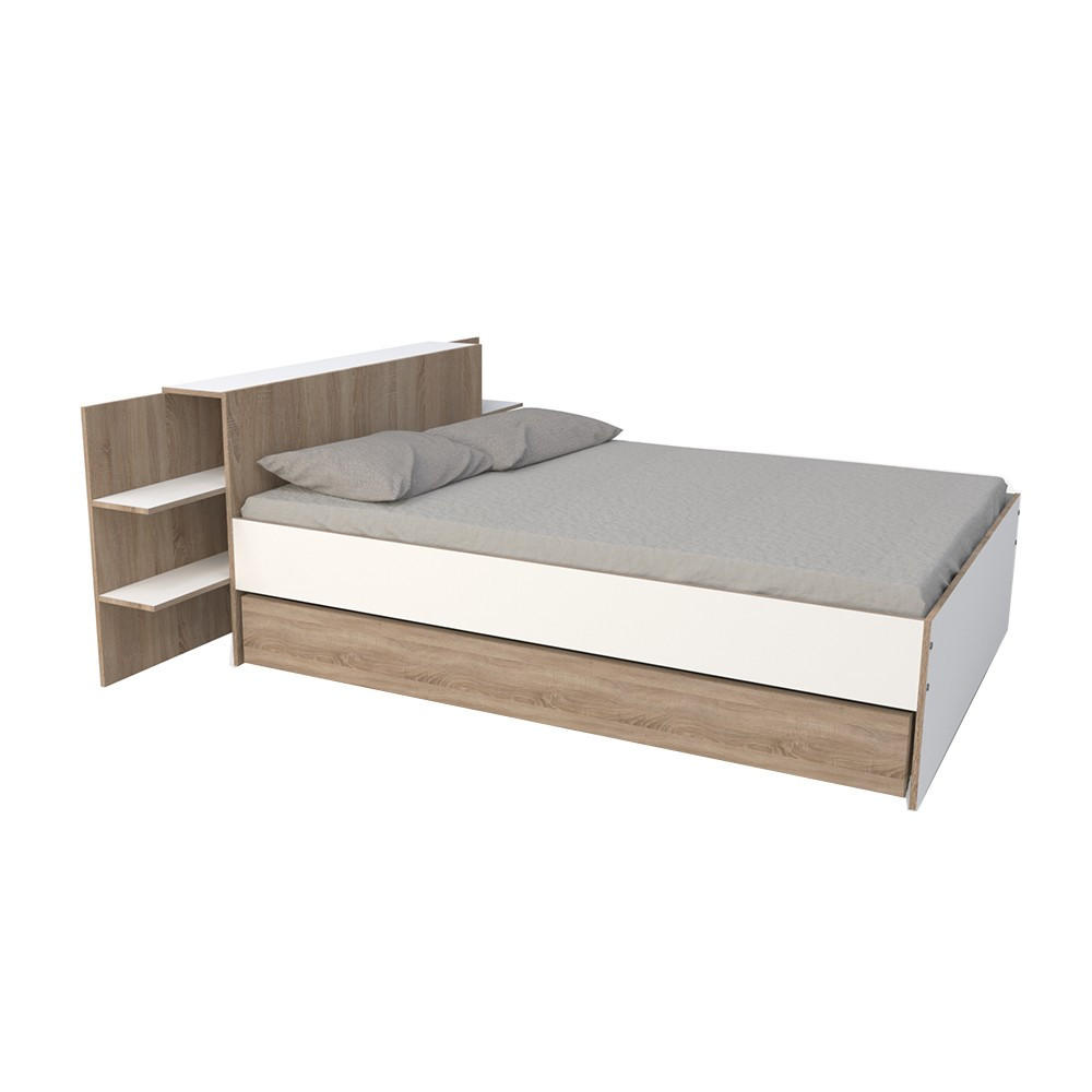 BETT CITY mit Kopfteil und Schublade/ Bett 140x190 - Weiß & gebleichte Eiche Dekor - Weiß/Sonoma Eiche, Holzwerkstoff (140/190cm) - Weber Industries
