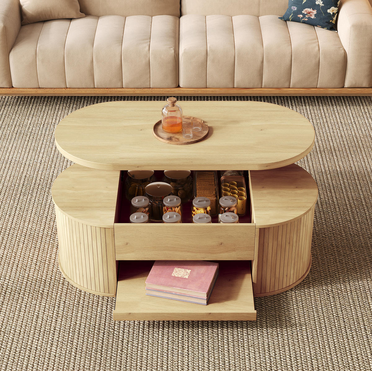 KONFERENČNÍ stolek, 110/55,5/40 cm, MDF přírodní, výškově nastavitelná deska - přírodní, kompozitní dřevo (110/55.5/40cm) - BEAOK