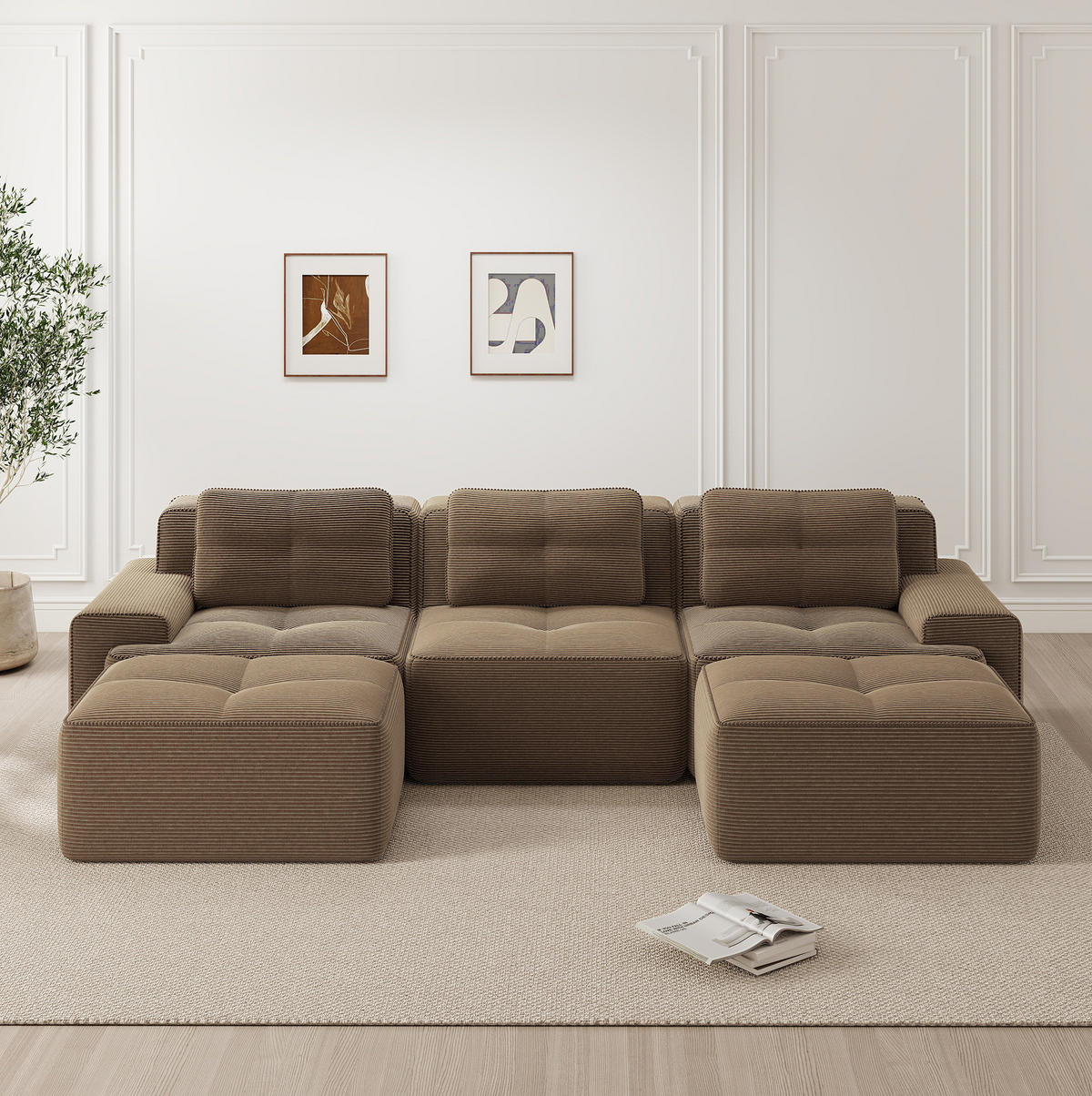 SOFA modular mit Tiefsitz Cord Braun - Braun, Kunststoff (177/69/293.1cm) - Meubliv