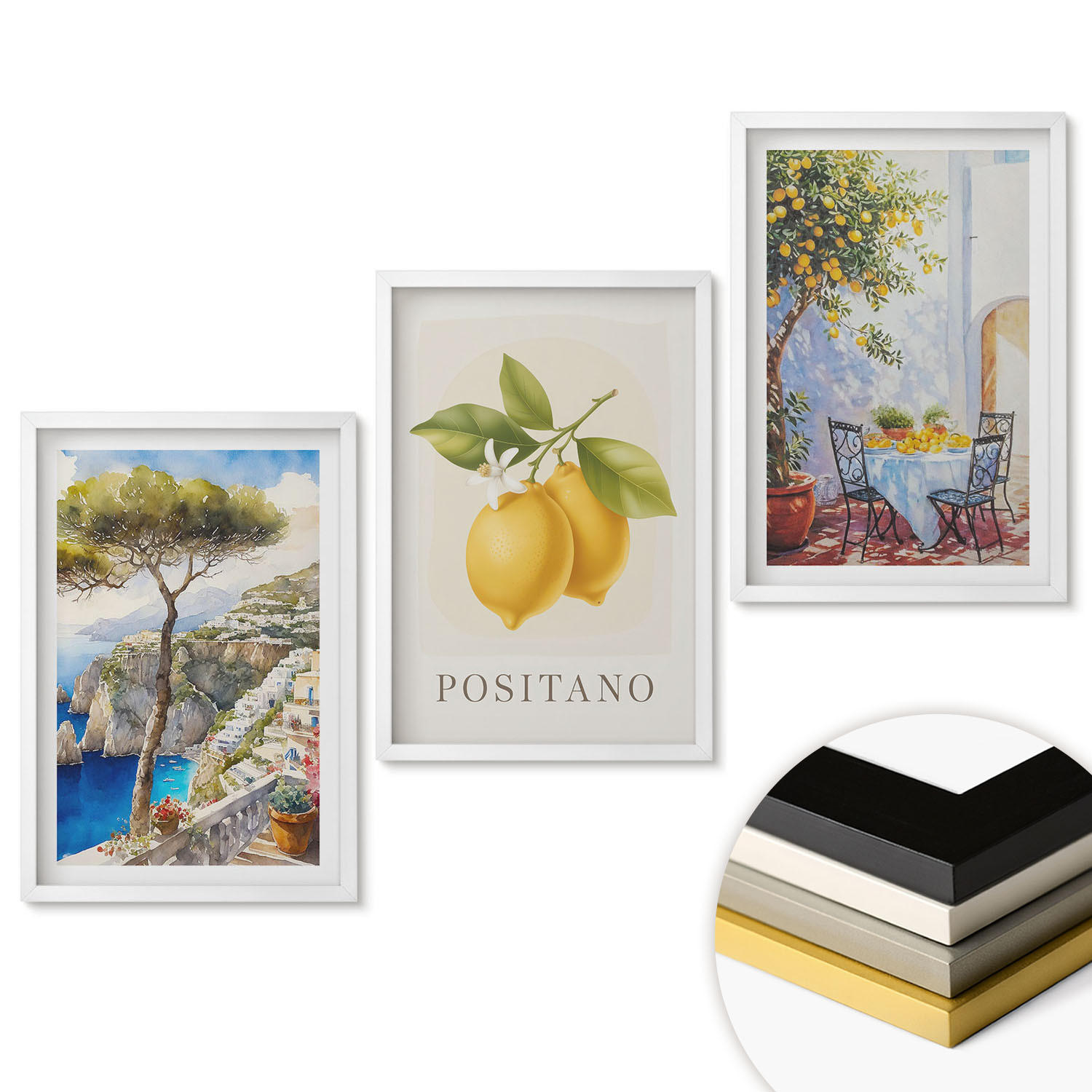 WANDBILDER 3er-Set - 40x60 cm Weißer Rahmen - Ansichten von Positano mit Zitronen - Weiß, Kunststoff (40/60cm) - ArtPrintCave