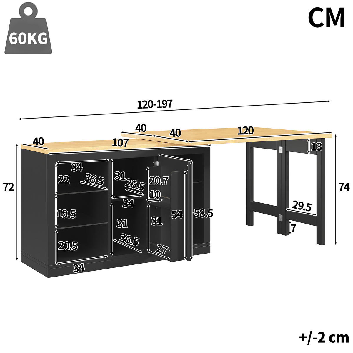 ESSTISCH Ausziehbar 120–197cm 360° RGB LED Stauraum - Schwarz, Holzwerkstoff (40/120/72cm) - FLIEKS