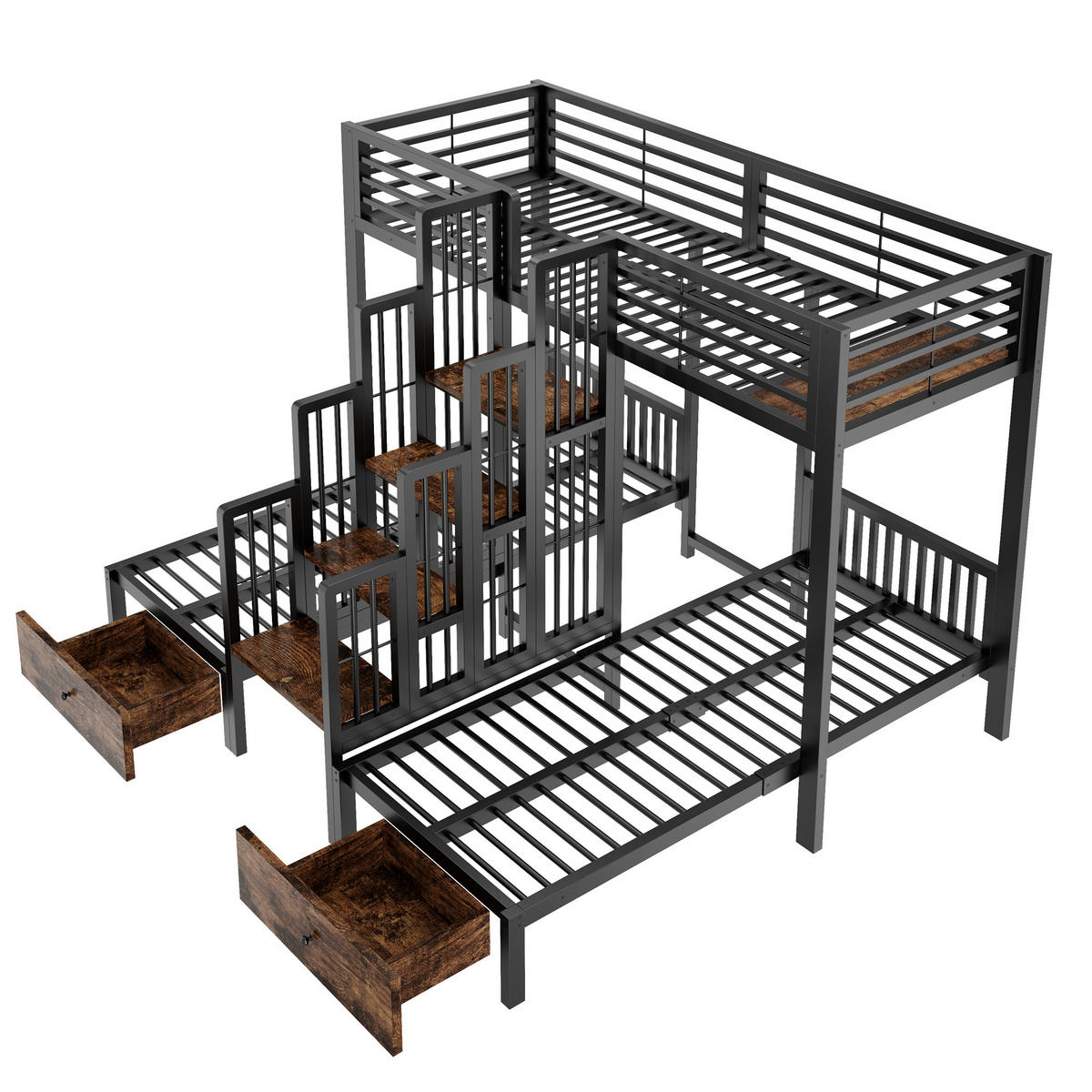 ETAGENBETT 90/200 cm mit Treppe und Schubladen, DE-41595, in Schwarz - Schwarz, Metall (90/200cm) - ComfortXL