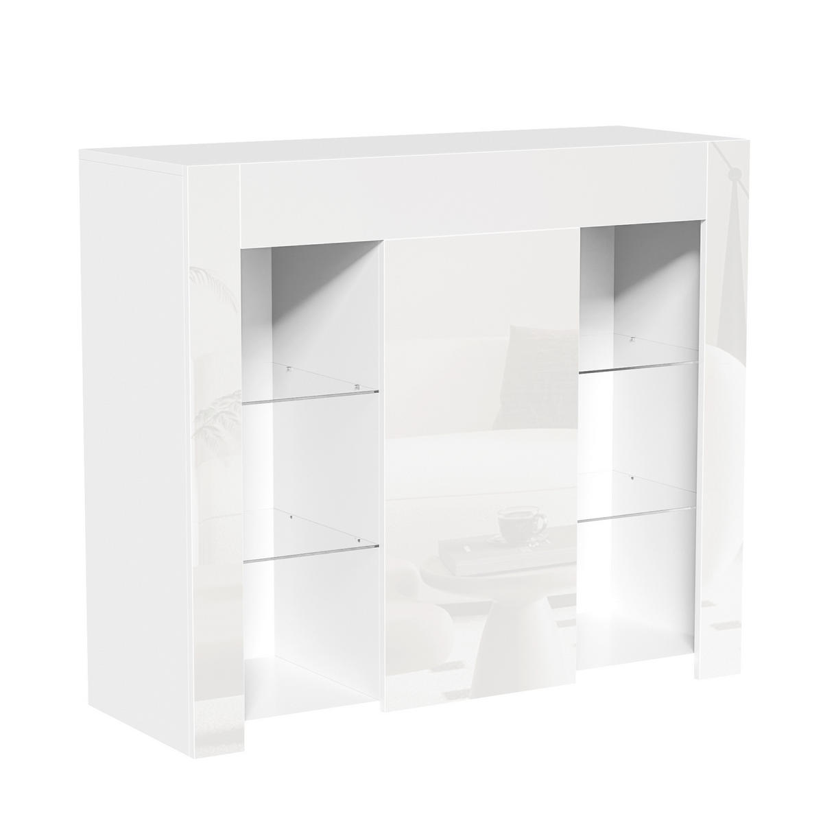 SIDEBOARD in Weiß mit Hochglanz-Front und Glasregalen, kompaktes Buffet mit Tür, 95/35/83 cm, Weiß - Weiß, Holzwerkstoff (95/83/35cm) - Redom