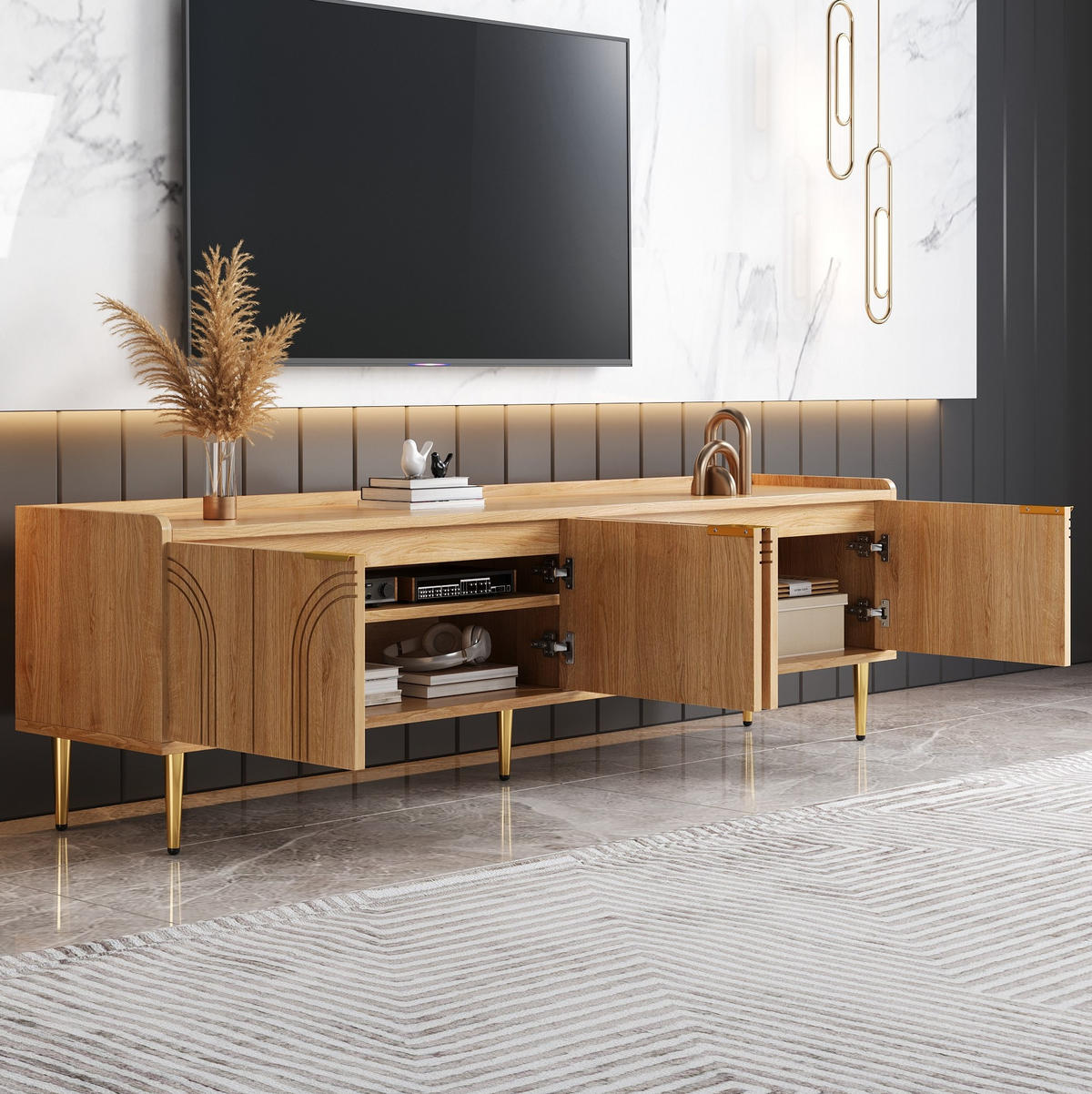 TV-SCHRANK aus MDF 170x35x47,5 cm Natur mit Kabelmanagement und Stauraum, goldfarbene Griffe - Naturfarben, Holzwerkstoff (170/47.5/35cm) - Modfu
