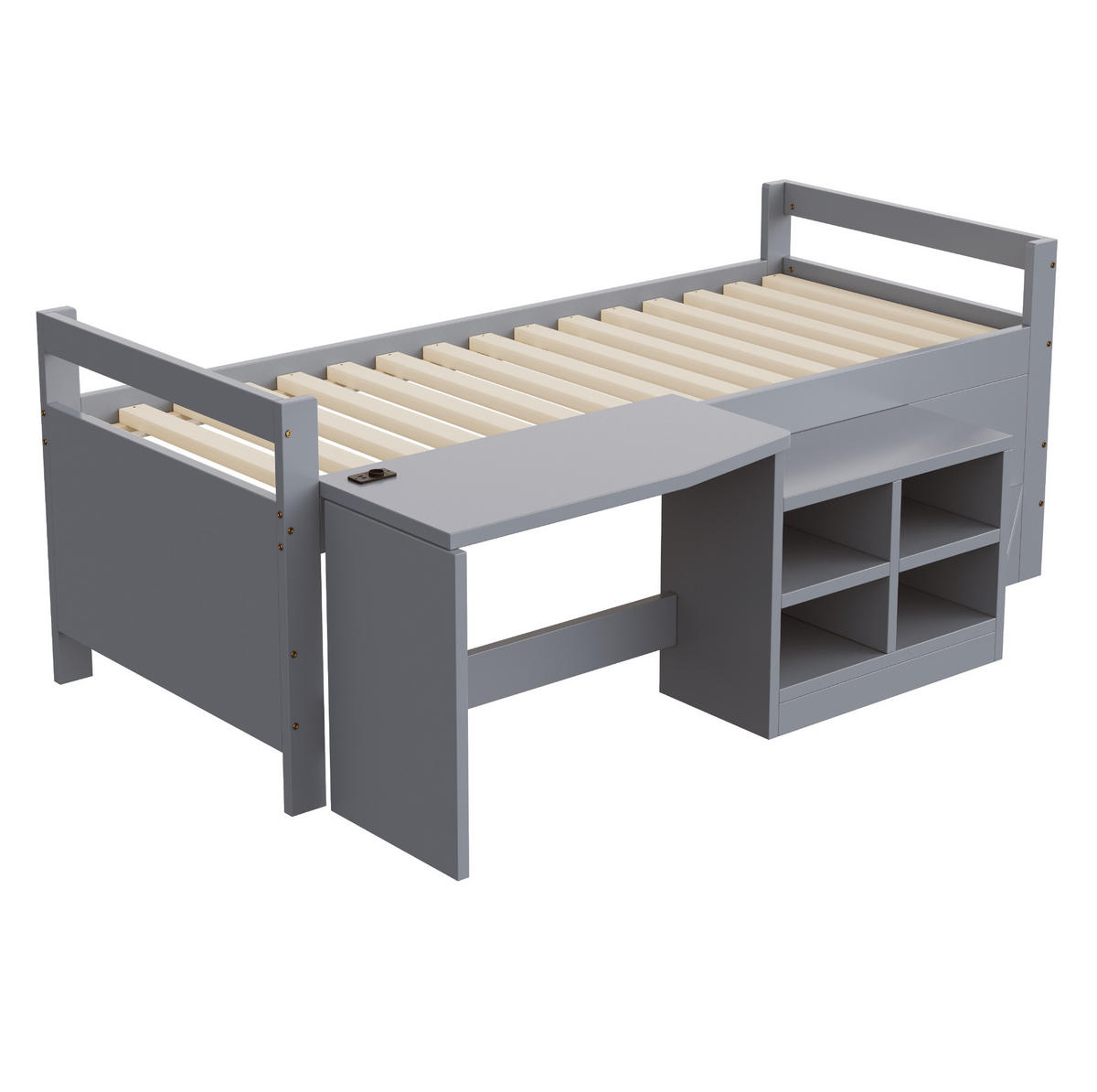 KINDERBETT 90/200 cm mit Schreibtisch, Stauraum und USB-Steckdose, Grau - Grau, Holzwerkstoff (90/200cm) - Redom
