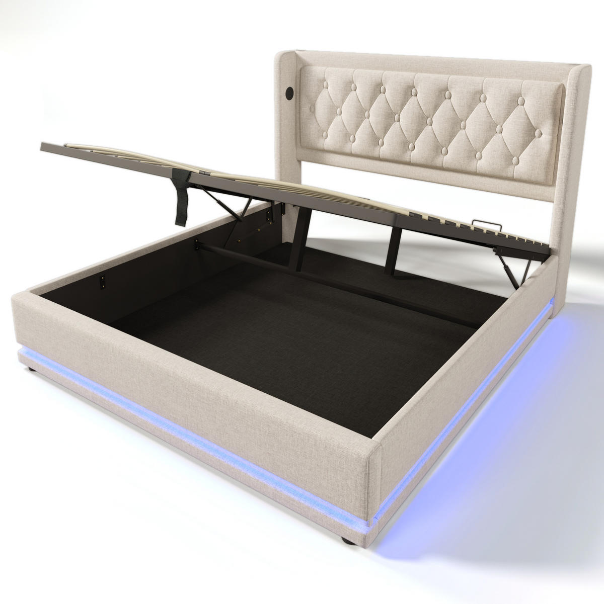 POLSTERBETT mit Bettkasten 140/200 cm Beige mit LED, USB-C und gepolstertem Kopfteil - Beige, Textil (140/200cm) - BEAOK