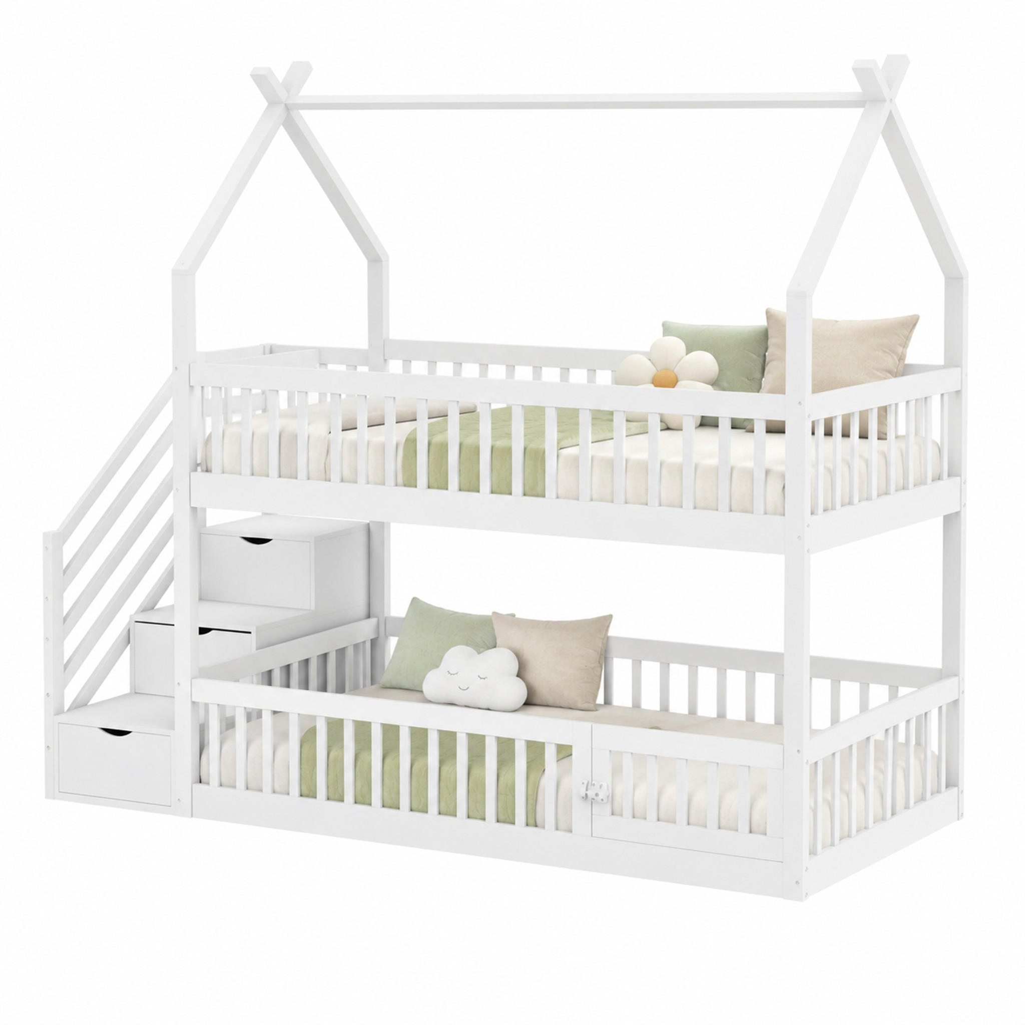 ETAGENBETT Kinder 90x200 cm Massivholz Weiß mit Treppe und Schubladen - Weiß, Holz (90/200cm) - Meubliv