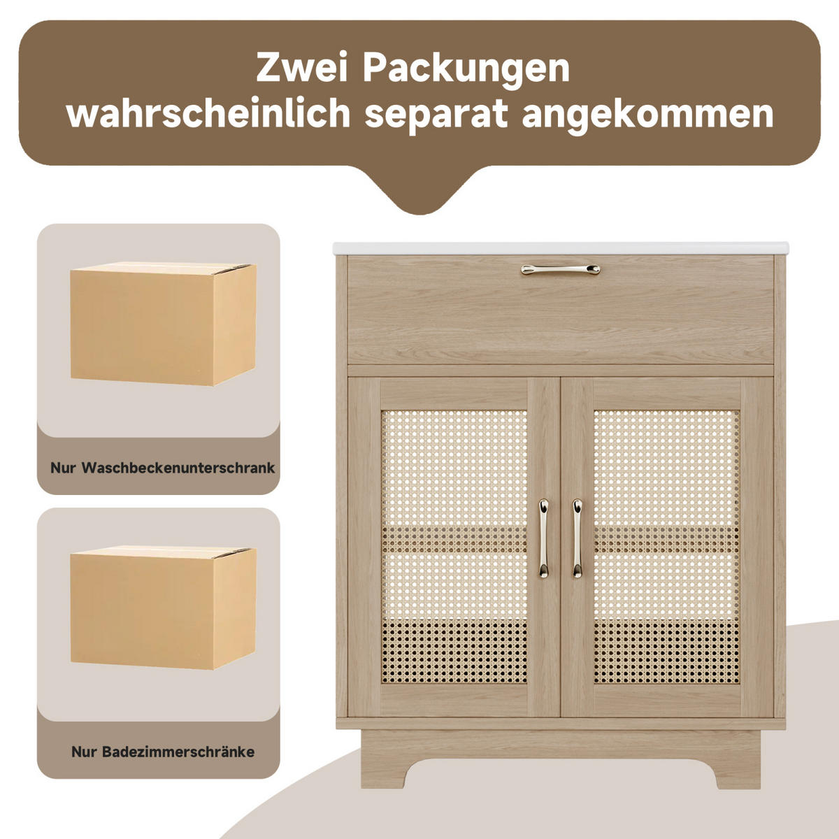 WASCHTISCHKOMBI,WASCHBECKENUNTERSCHRANK mit Keramikbecken Rattan Optik 76/46 cm - Naturfarben, Holz/Metall (87/88/46cm) - PARAFTA HOME