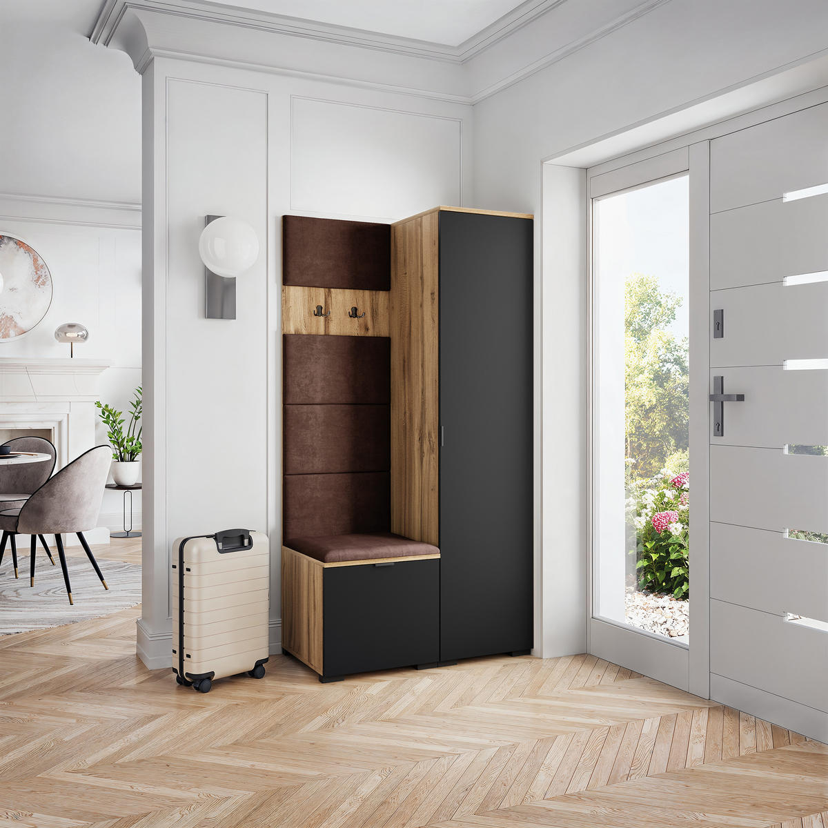 GARDEROBENSCHRANK LORI 95/181/51 cm Modern Garderobe-Set Eiche Wotan - Eiche Wotan/Schwarz, Holzwerkstoff (95/181/51cm) - MASSENO