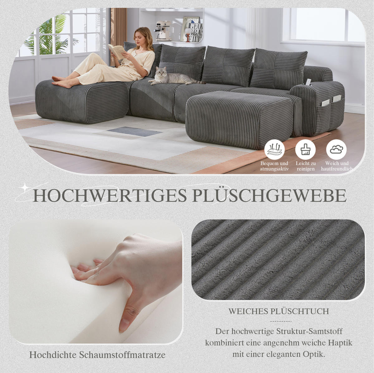 SEDACIA zostava z menčestru, 333/174/80 cm tmavosivá, modulárna - tmavosivá, textil (174/80/333cm) - BEAOK