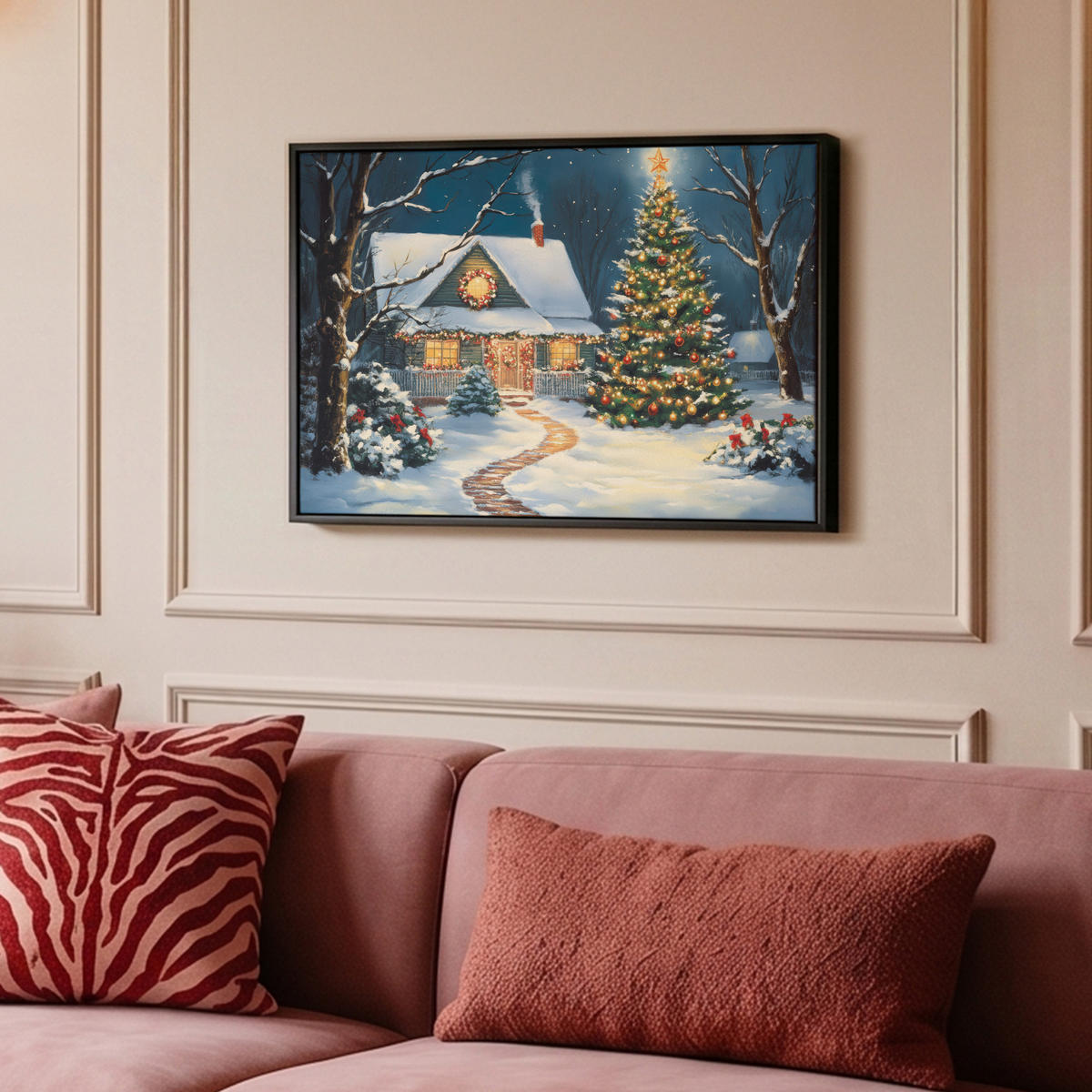 LEINWAND Bilder mit Rahmen - Weihnachten - Weihnachtsbaum - Winter - Zuhause - Schnee - 60x40 - Smaragdgrün, Textil (60/40cm) - MuchoWow