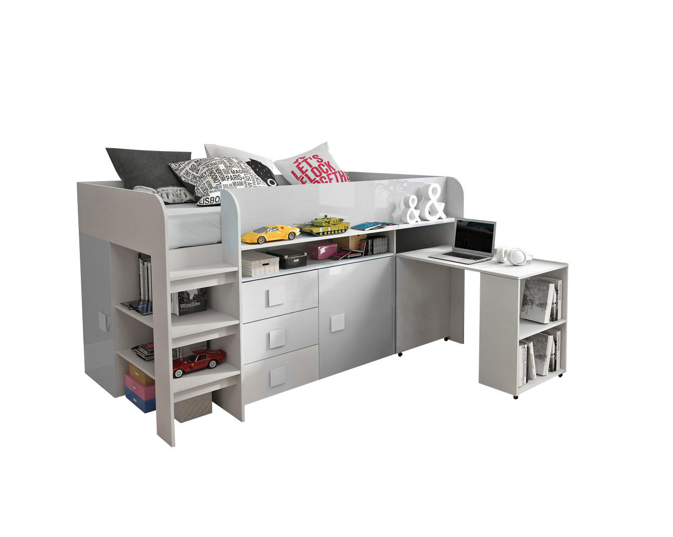 HOCHBETT Toledo weiß / weiß Hochglanz - Griffe weiß 106 / 204 / 125cm - Türkis/Weiß Hochglanz, Holz/Holzwerkstoff (90/200cm) - Feldmann-Wohnen