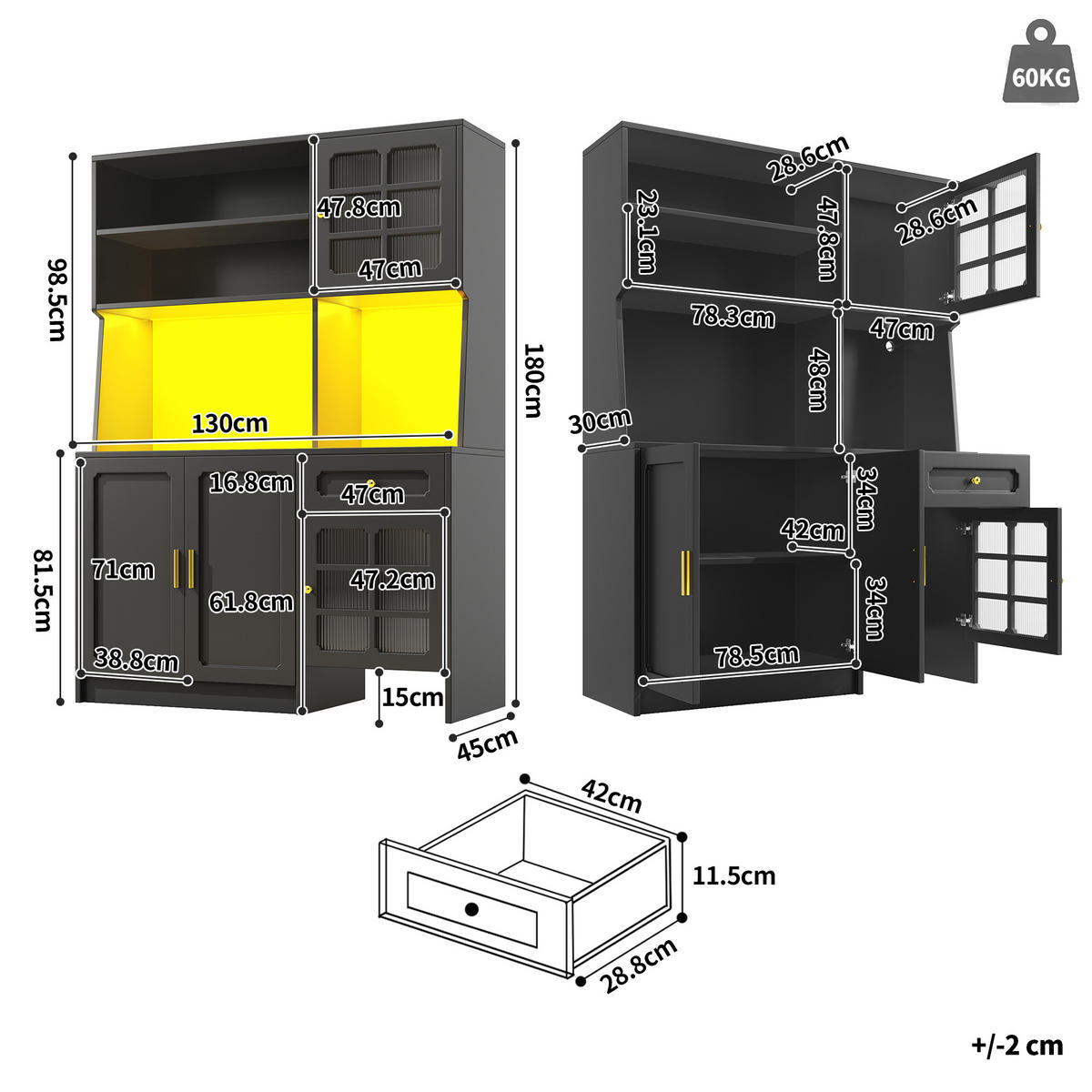 KUCHYŇSKÁ SKŘÍŇKA černá 130x180 cm s aplikací LED a garáží pro robotický vysavač - černá, kompozitní dřevo (130/180/45cm) - Urban Meuble