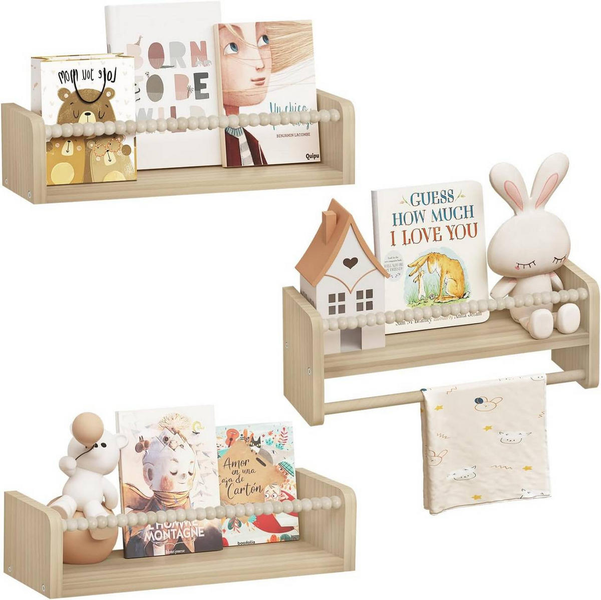 KINDER-WANDREGAL 3er Set, Massivholz, 40 x 15 x 14 cm - Naturfarben, Holz (40/15/14cm) - Woltu