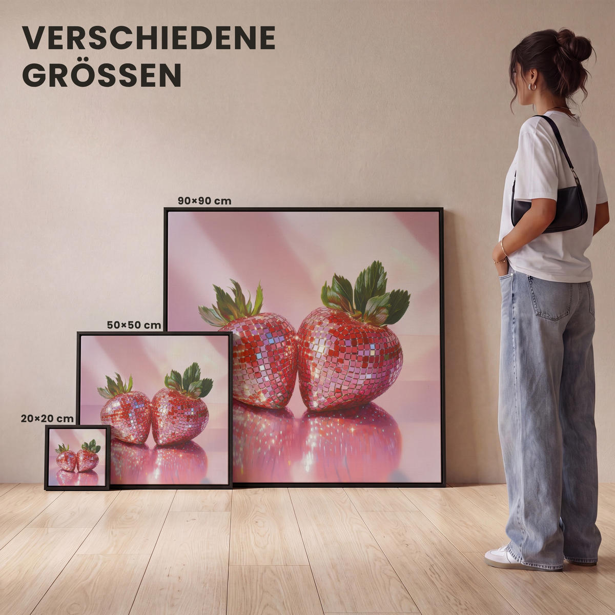 LEINWAND Bilder mit Rahmen - Disco - Obst - Glitzer - Erdbeere - 50x50 - Pink, Textil (50/50cm) - MuchoWow