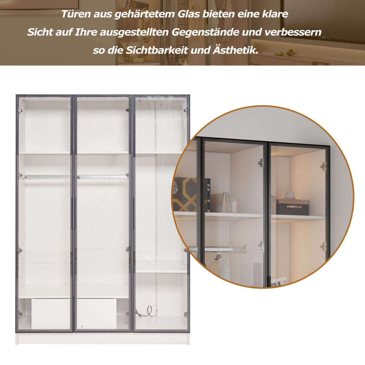 KLEIDERSCHRANK aus Spanplatte mit 3 Glastüren & LED, 110/50/160 cm, Weiß - Weiß, Holzwerkstoff (110/160/50cm) - Redom