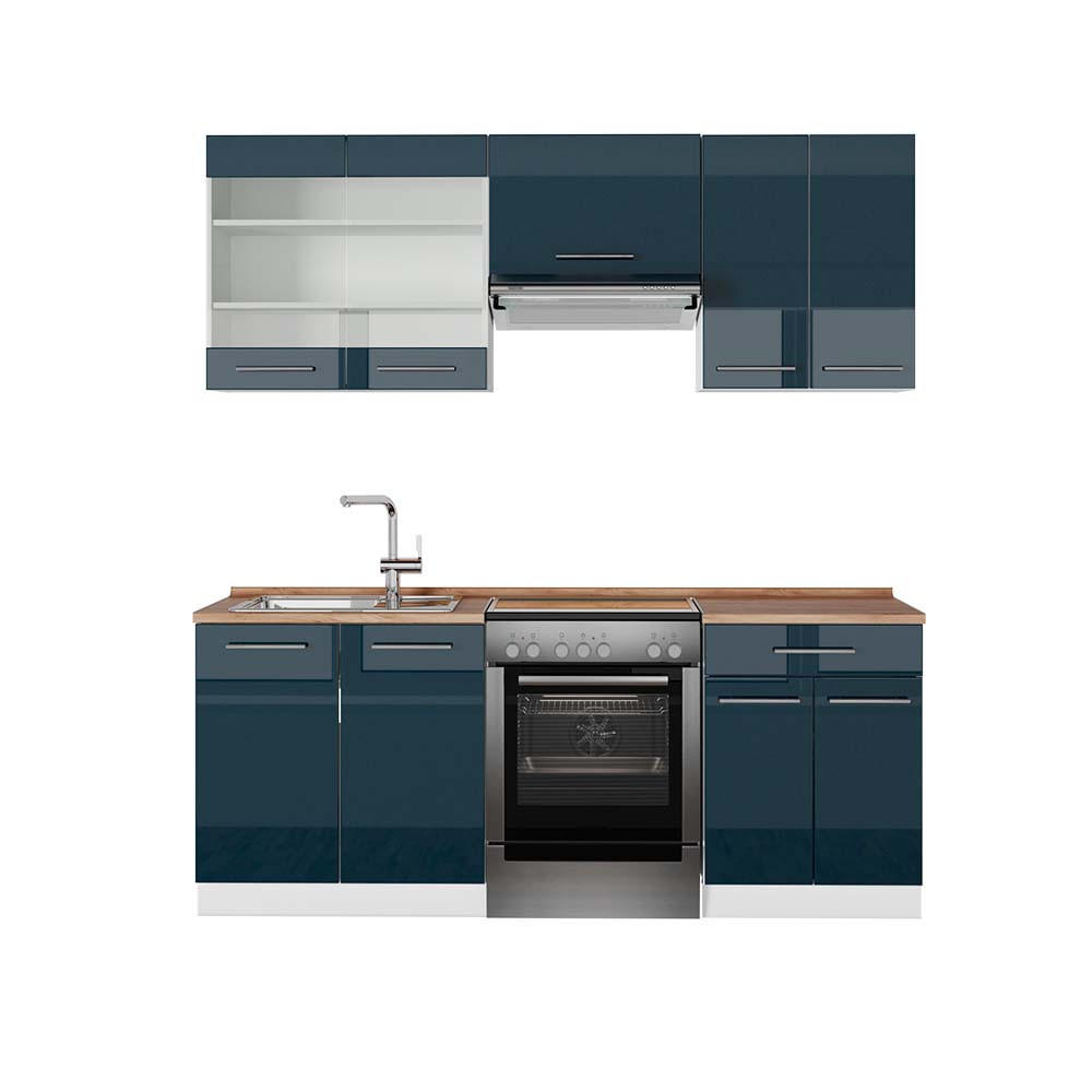 KÜCHENZEILE Fame-Line Dunkelblau Hochglanz/Weiß 200 cm, AP Eiche - Dunkelblau/Weiß, Holzwerkstoff (200/81.6/60cm) - Vicco