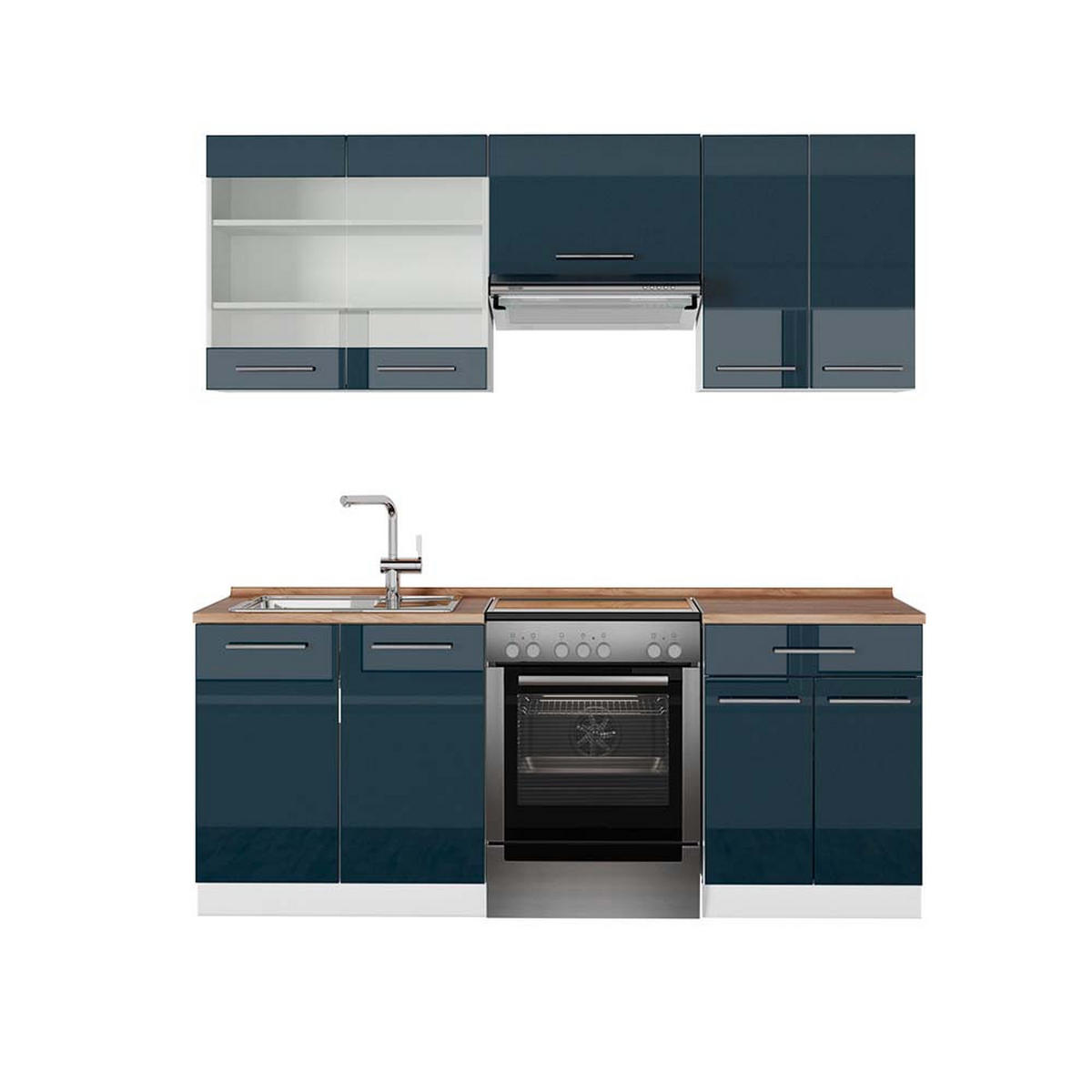 KÜCHENZEILE Fame-Line Dunkelblau Hochglanz/Weiß 200 cm, AP Eiche - Dunkelblau/Weiß, Holzwerkstoff (200/81.6/60cm) - Vicco