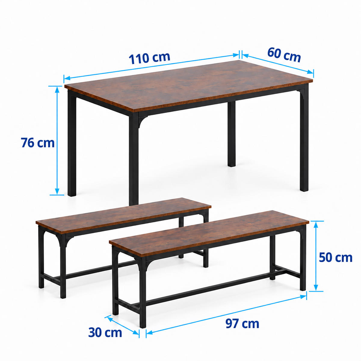 SOUPRAVA tmavě hnědá 3-dílná stůl se 2 lavicemi - tmavě hnědá, kov/kompozitní dřevo (110/76/60cm) - Relaxdays