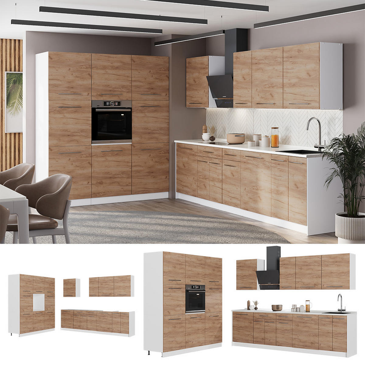 KÜCHENZEILE Fame-Line, Goldkraft Eiche/Weiß, 460 cm Arbeitsplatte Anthrazit - Eichefarben/Weiß, Holzwerkstoff (460/206.8/60cm) - Vicco