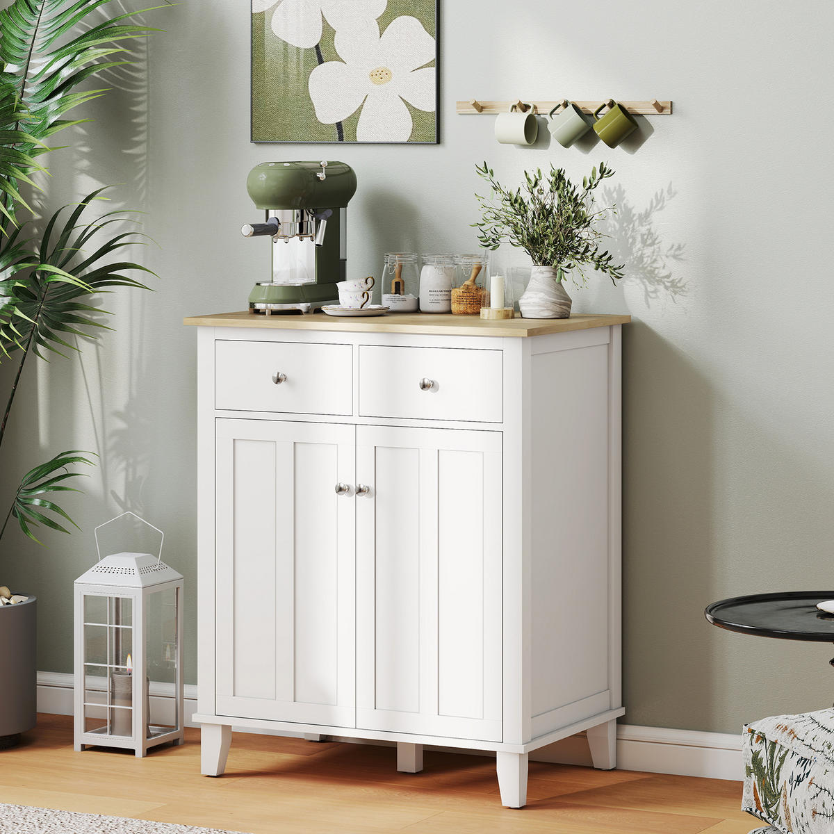 SIDEBOARD Weiß und Holzfarben, 2 Türen, 2 Schubladen, 76/48/91 cm - Weiß, Holz (76/91/48cm) - PANGIVO