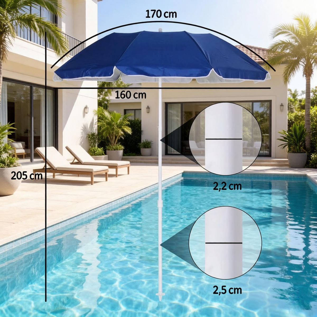 SONNENSCHIRM 160/160/205 cm Blau (Keine Basis) - Blau, Metall (150/150cm) - Oxeza