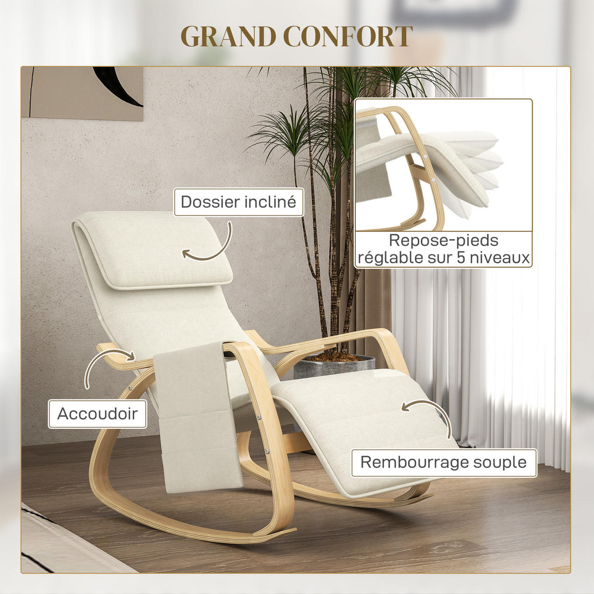 SCHAUKELSTUHL DE-17385 Cremeweiß - Creme, Holz (110/91/67cm) - ComfortXL