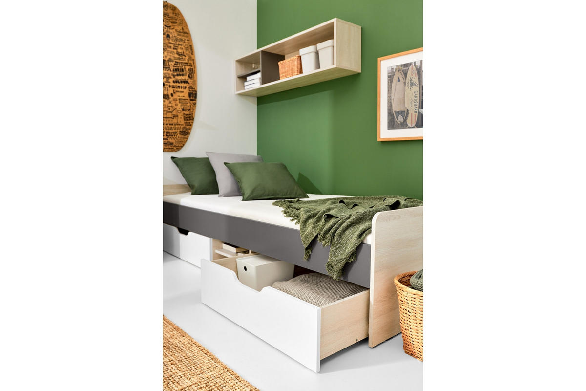 JUGENDBETT REMI 15 90/200 in Eichenweiß / Weiß Matt / Anthrazit - Eichefarben/Anthrazit, Holzwerkstoff (90/200cm) - Deine Möbel 24
