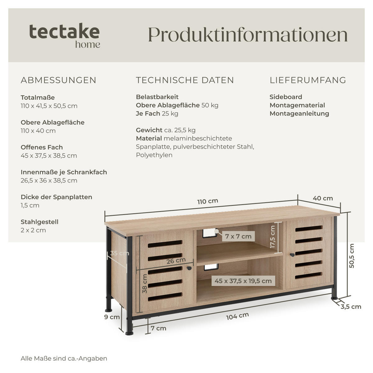 TV-BOARD Carlow,110 x 41,5 x 50,5 cm,Industrial Holz hell, Eiche Sonoma - Naturfarben, Holzwerkstoff (41.5/50.5/110cm) - tectake