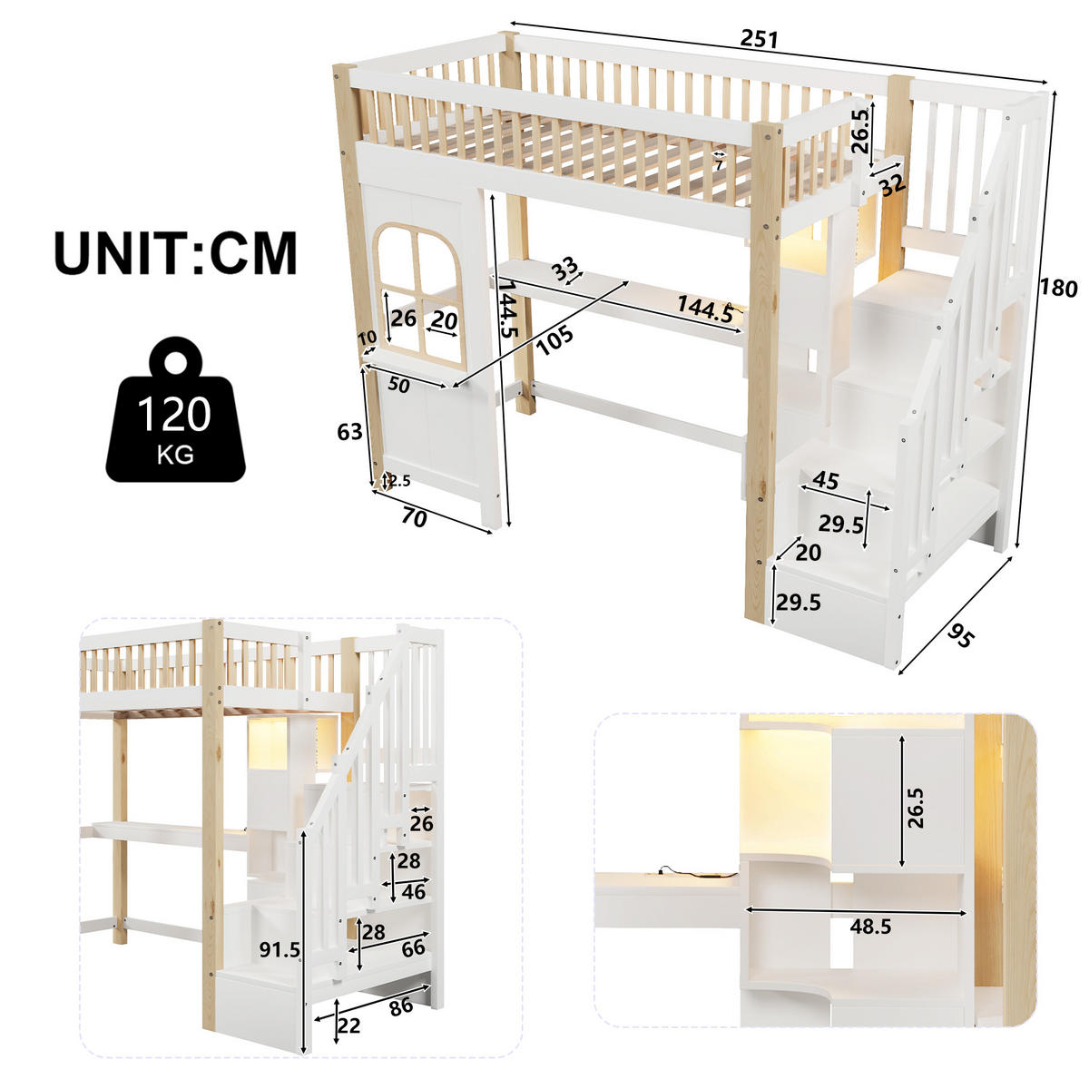 HOCHBETT 90/200 cm mit LED-Leuchten und Schreibtisch in Weiß und Natur - Weiß, Holz (140/200cm) - OKWISH
